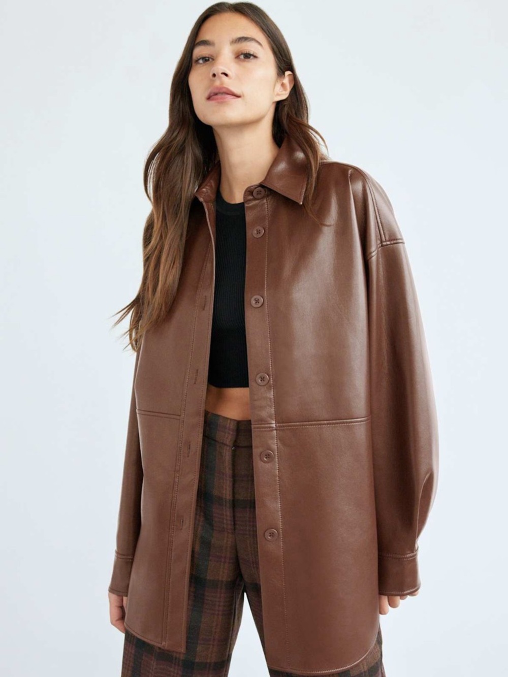 Aritzia Brown Leather Button-Up Jacket